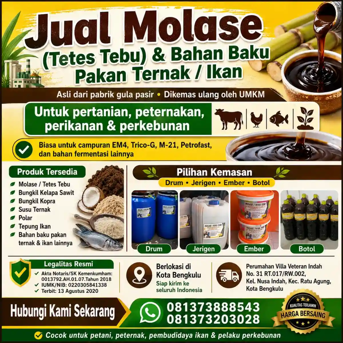 Menjual Molase (Tetes Tebu) dan Bahan Baku Pakan Ternak & Ikan
